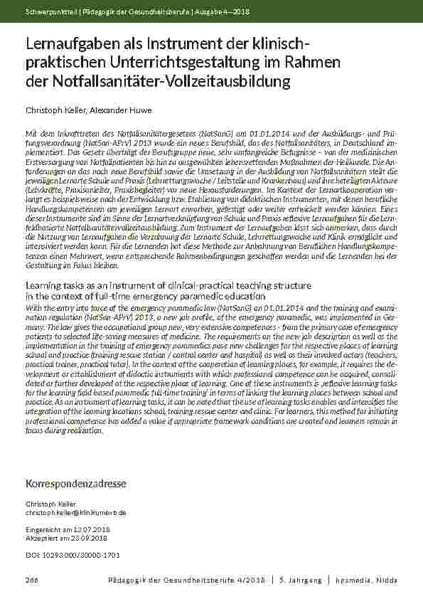 Lernaufgaben als Instrument der klinisch-praktischen Unterrichtsgestaltung im Rahmen der Notfallsanitäter-Vollzeitausbildung