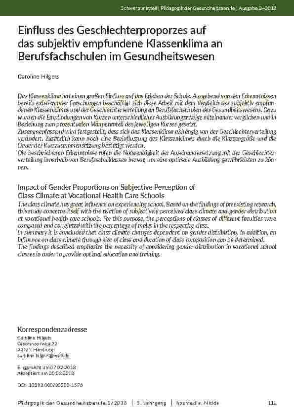 Einfluss des Geschlechterproporzes auf das subjektiv empfundene Klassenklima an Berufsfachschulen im Gesundheitswesen