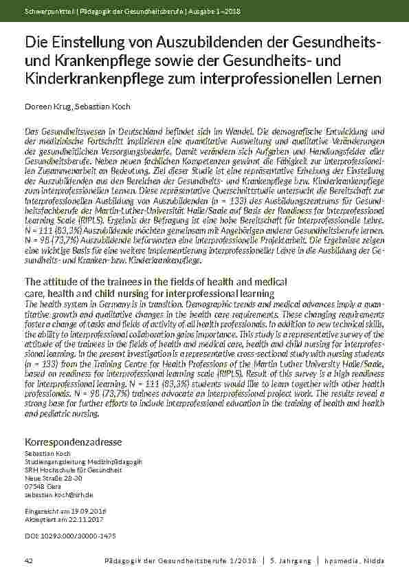 [doc_202056] Die Einstellung von Auszubildenden der Gesundheitsund Krankenpflege sowie der Gesundheitsund Kinderkrankenpflege zum interprofessionellen Lernen