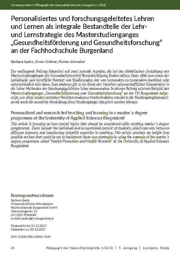 [doc_202055] Personalisiertes und forschungsgeleitetes Lehren und Lernen als integrale Bestandteile der Lehrund Lernstrategie des Masterstudienganges „Gesundheitsförderung und Gesundheitsforschung“ an der Fachhochschule Burgenland