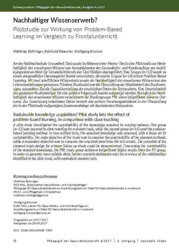 Nachhaltiger Wissenserwerb? Pilotstudie zur Wirkung von Problem-Based Learning im Vergleich zu Frontalunterricht