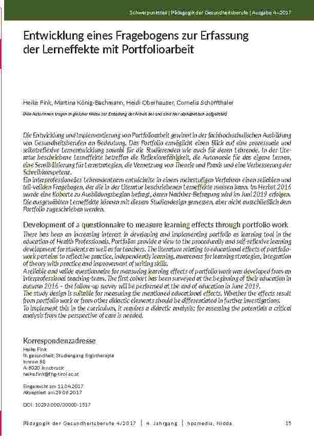 Entwicklung eines Fragebogens zur Erfassung der Lerneffekte mit Portfolioarbeit