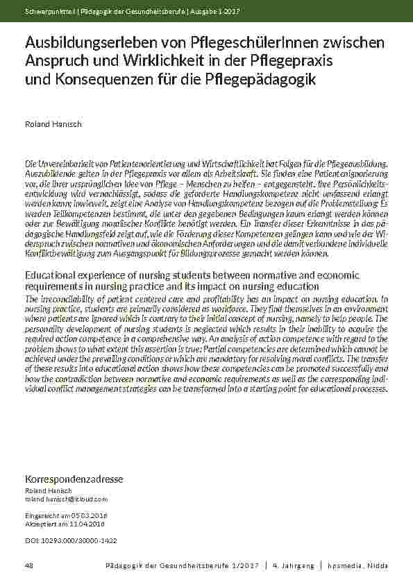 [doc_202012] Ausbildungserleben von PflegeschülerInnen zwischen Anspruch und Wirklichkeit in der Pflegepraxis und Konsequenzen für die Pflegepädagogik