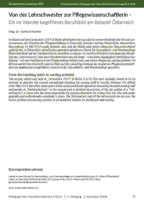 [doc_201967] Von der Lehrschwester zur Pflegewissenschaftlerin - Ein im Wandel begriffenes Berufsbild am Beispiel Österreich