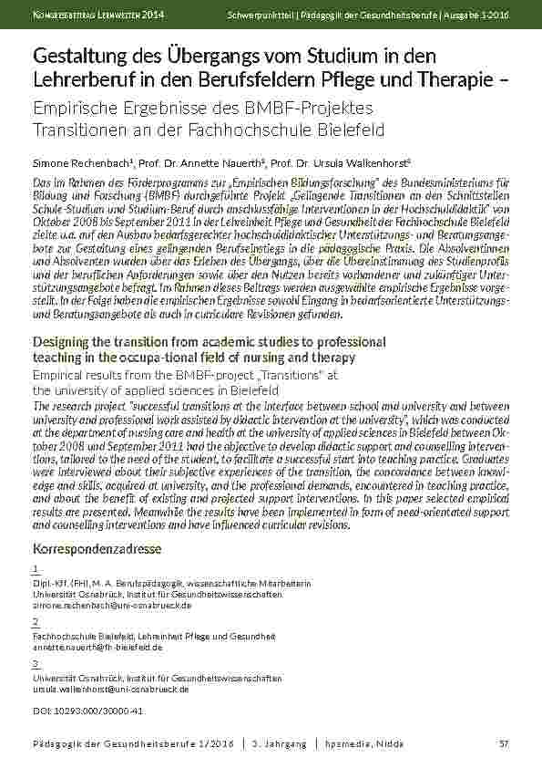 [doc_201965] Gestaltung des Übergangs vom Studium in den Lehrerberuf in den Berufsfeldern Pflege und Therapie – Empirische Ergebnisse des BMBF-Projektes Transitionen an der Fachhochschule Bielefeld
