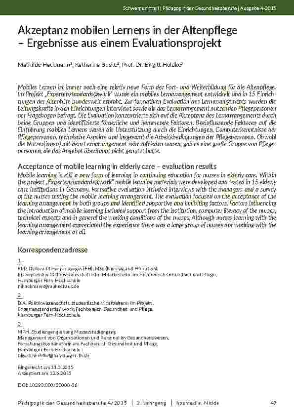 [doc_201956] Akzeptanz mobilen Lernens in der Altenpflege – Ergebnisse aus einem Evaluationsprojekt