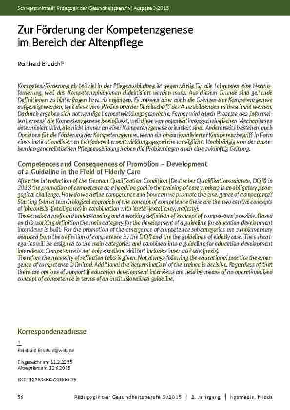 Zur Förderung der Kompetenzgenese im Bereich der Altenpflege