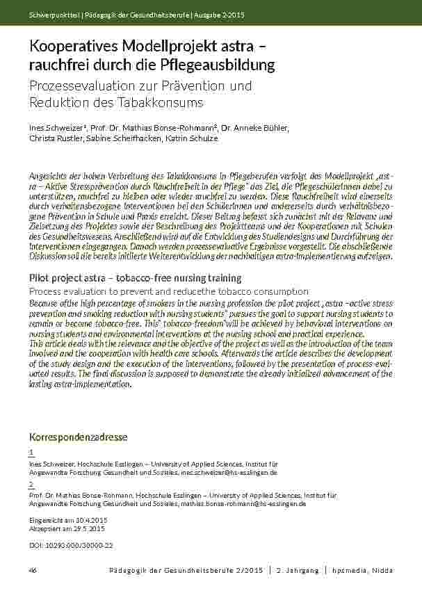 Kooperatives Modellprojekt astra – rauchfrei durch die Pflegeausbildung - Prozessevaluation zur Prävention und Reduktion des Tabakkonsums