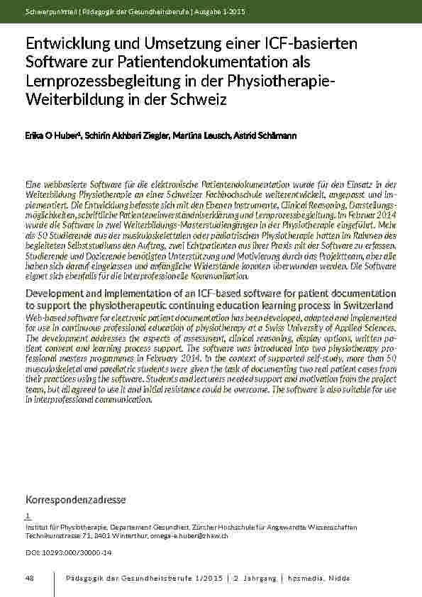 [doc_201909] Entwicklung und Umsetzung einer ICF-basierten Software zur Patientendokumentation als Lernprozessbegleitung in der Physiotherapie- Weiterbildung in der Schweiz