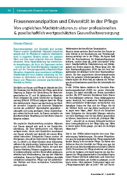 [doc_325175] Frauenemanzipation und Diversität in der Pflege. Von ungleichen Machtstrukturen zu einer professionellen & gesellschaftlich wertgeschätzten Gesundheitsversorgung