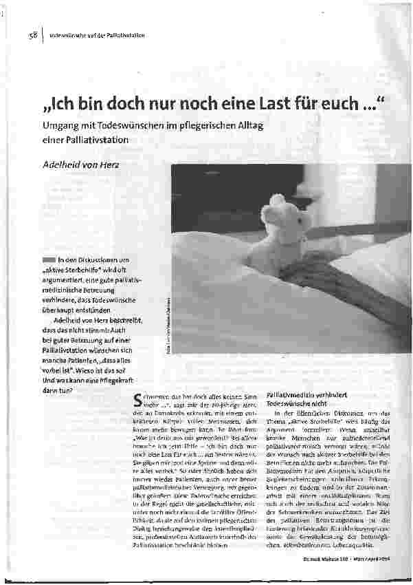 Ich bin doch nur noch eine Last für euch ...Umgang mit Todeswünschen im pflegerischen Alltag einer Palliativstation