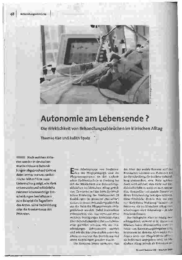 Autonomie am Lebensende ?Die Wirklichkeit von Behandlungsabbrüchen im klinischen Alltag