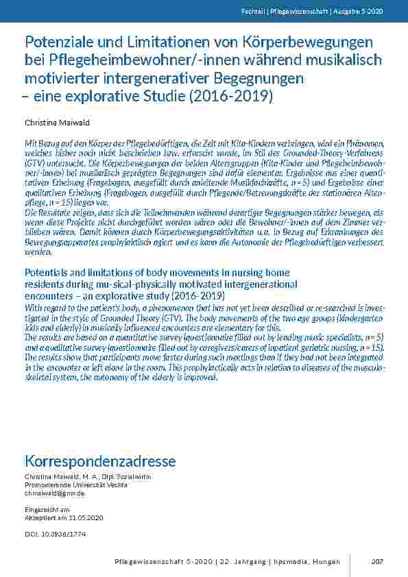 [doc_205611] Potenziale und Limitationen von Körperbewegungen bei Pflegeheimbewohner/-innen während musikalisch motivierter intergenerativer Begegnungen – eine explorative Studie (2016-2019)