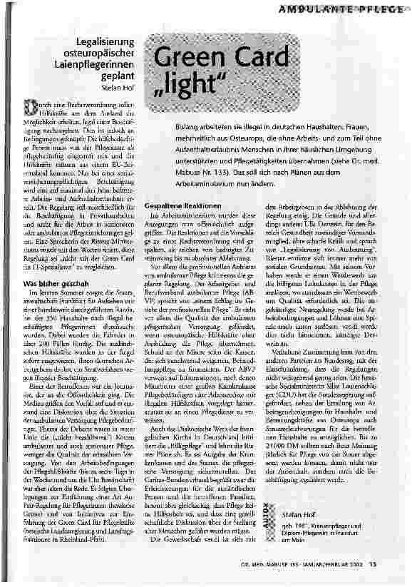 Green Card light Legalisierung osteuropäischer Laienpflegerinnen geplant