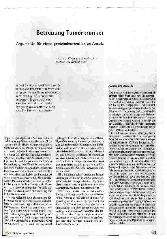 Betreuung Tumorkranker Argumente für einen gemeindeorientierten Ansatz