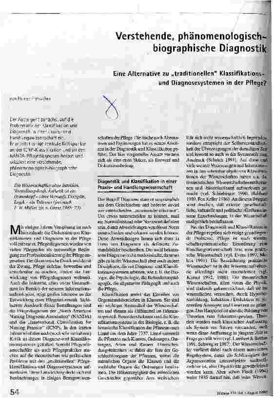 Verstehende, phänomenologisch-biographische Diagnostik Eine Alternative zu traditionellen Klassifikationsund Diagnosesystemen in der Pflege?