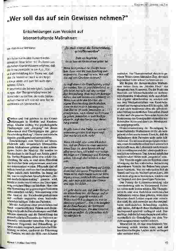 Wer soll das auf sein Gewissen nehmen? Entscheidungen zum Verzicht auf lebenserhaltende Maßnahmen
