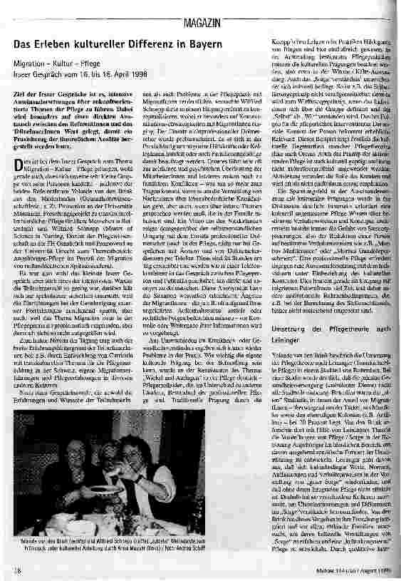 Das Erleben kultureller Differenz in Bayern Migration - Kultur - Pflege; Irseer Gespräch vom 16. bis 18. April 1998