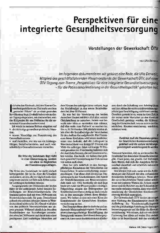 Perspektiven für eine integrierte Gesundheitsversorgung Vorstellungen der Gewerkschaft ÖTV