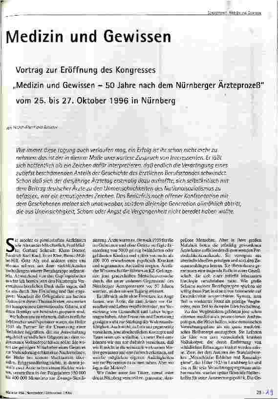 Medizin und Gewissen Vortrag zur Eröffnung des Kongresses Medizin und Gewissen - 50 Jahre nach dem Nürnberger Ärzteprozeß vom 25. bis 27. Oktober 1996 in Nürnberg