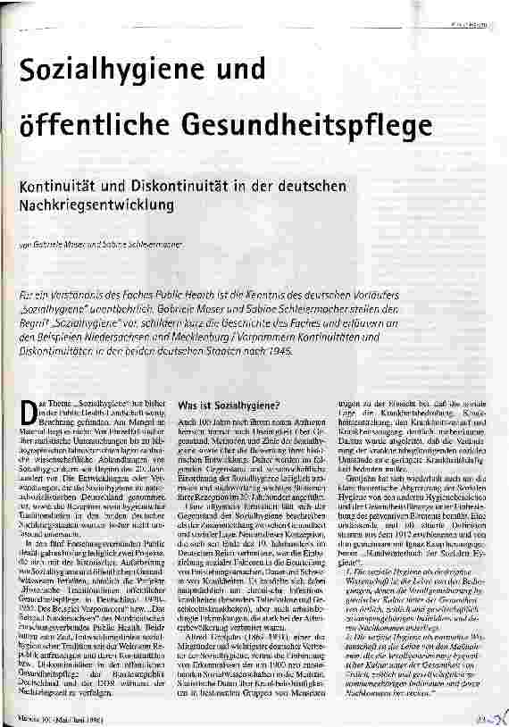Sozialhygiene und öffentliche Gesundheitspflege Kontinuität und Diskontinuität in der deutschen Nachkriegsentwicklung