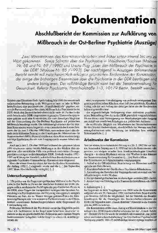 Dokumentation Abschlußbericht der Kommission zur Aufklärung von Mißbrauch in der Ost-Berliner Psychiatrie (Auszüge)