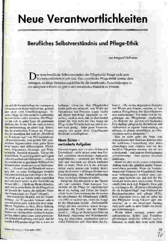 Neue Verantwortlichkeiten Berufliches Selbstverständnis und Pflege-Ethik