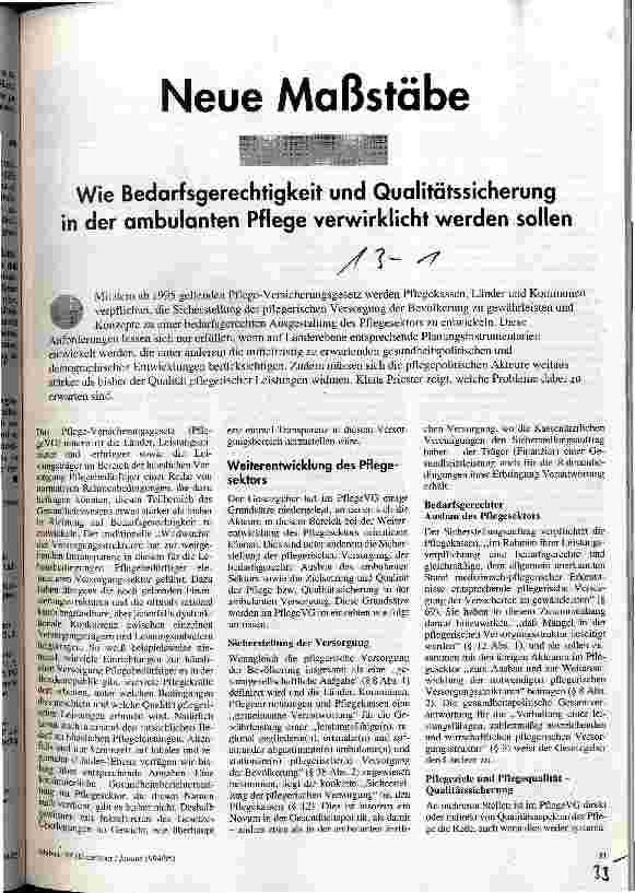 Neue Maßstäbe Wie Bedarfsgerechtigkeit und Qualitätssicherung in der ambulanten Pflege verwirklicht werden sollen