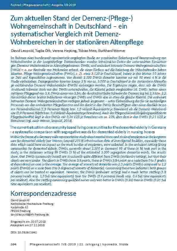 [doc_201790] Zum aktuellen Stand der Demenz-(Pflege-) Wohngemeinschaft in Deutschland – ein systematischer Vergleich mit Demenz-Wohnbereichen in der stationären Altenpflege