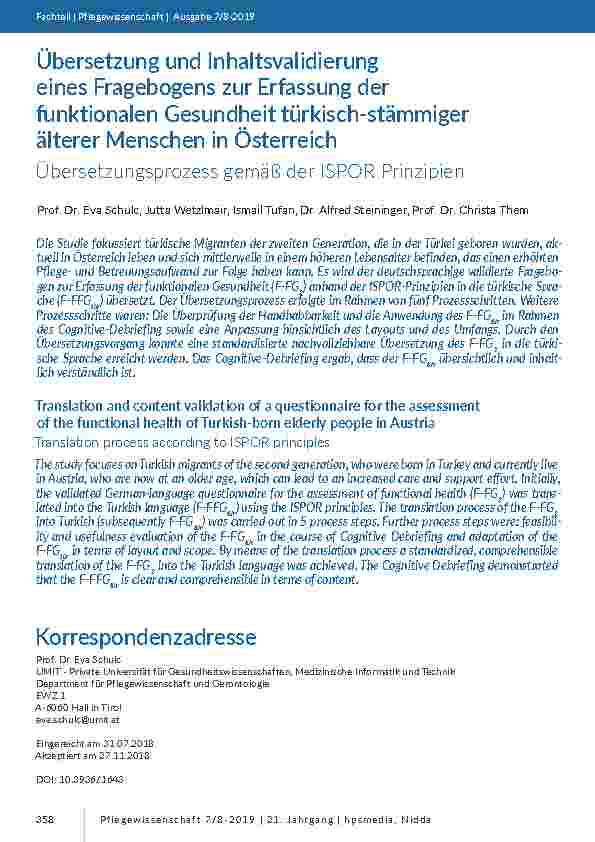 [doc_201789] Übersetzung und Inhaltsvalidierung eines Fragebogens zur Erfassung der funktionalen Gesundheit türkisch-stämmiger älterer Menschen in Österreich Übersetzungsprozess gemäß der ISPOR Prinzipien