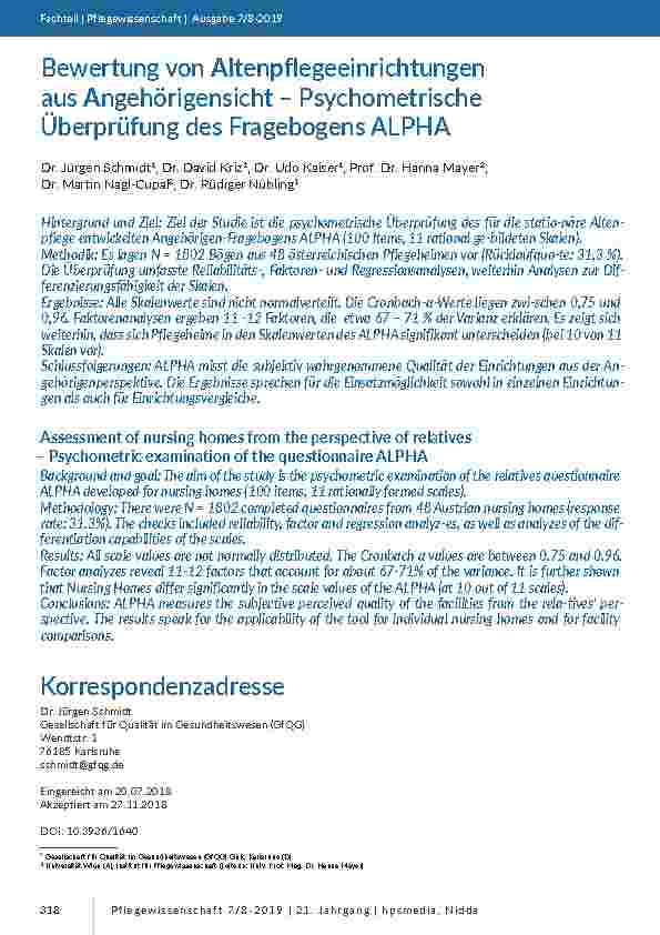 [doc_201785] Bewertung von Altenpflegeeinrichtungen aus Angehörigensicht – Psychometrische Überprüfung des Fragebogens ALPHA