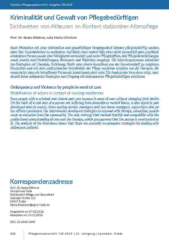 Kriminalität und Gewalt von Pflegebedürftigen. Sichtweisen von Akteuren im Kontext stationärer Altenpflege