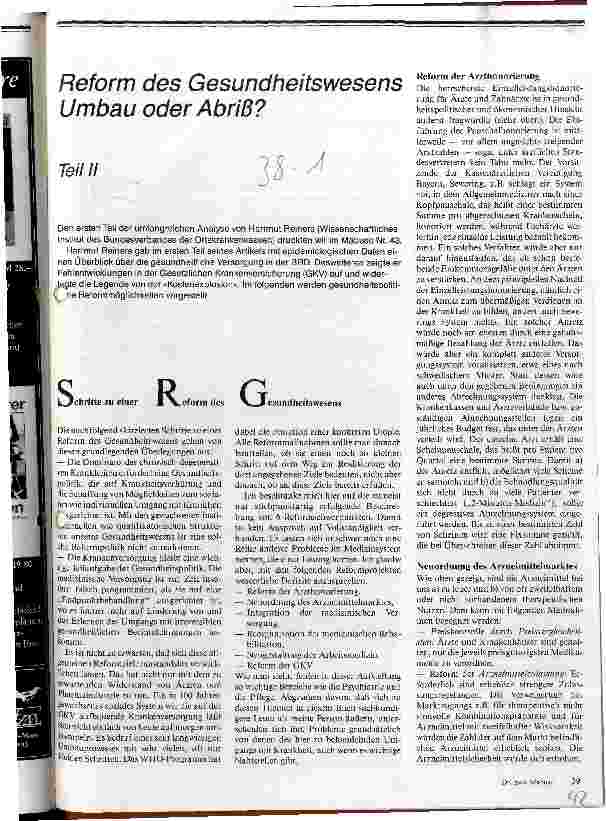 Reform des Gesundheitswesens Umbau oder Abriß /// Teil II