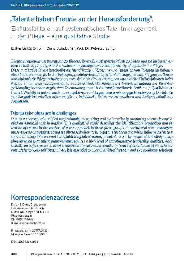 [doc_201783] „Talente haben Freude an der Herausforderung“. Einflussfaktoren auf systematisches Talentmanagement in der Pflege ? eine qualitative Studie