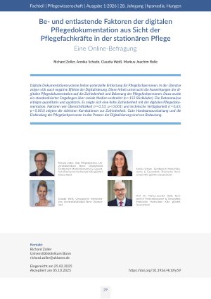 Beund entlastende Faktoren der digitalen Pflegedokumentation aus Sicht der Pflegefachkräfte in der stationären Pflege Eine Online-Befragung