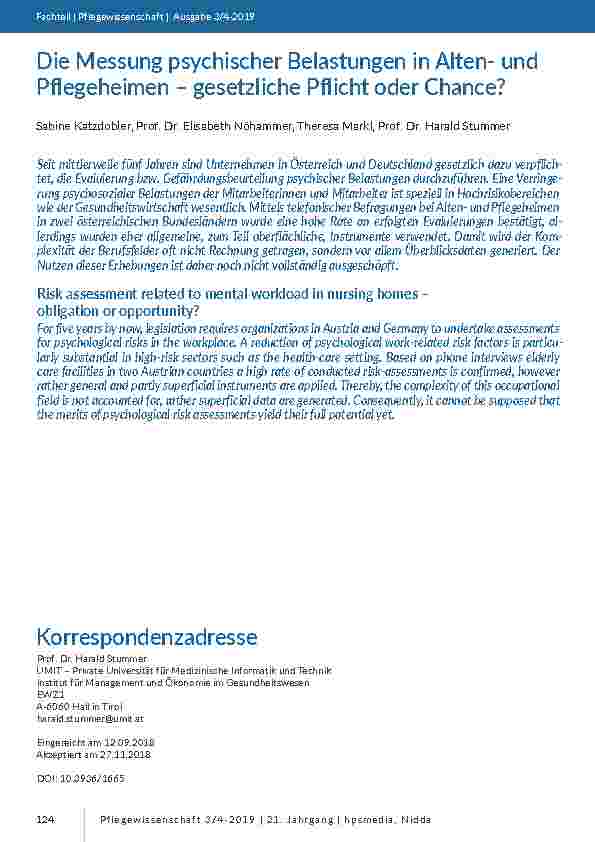 Die Messung psychischer Belastungen in Altenund Pflegeheimen – gesetzliche Pflicht oder Chance?