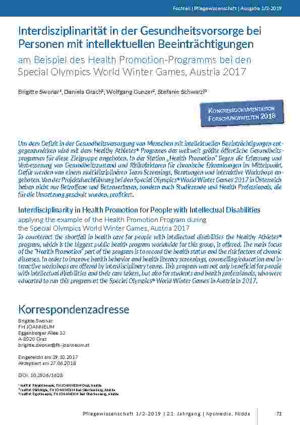 [doc_201745] Interdisziplinarität in der Gesundheitsvorsorge bei Personen mit intellektuellen Beeinträchtigungen am Beispiel des Health Promotion-Programms bei den Special Olympics World Winter Games, Austria 2017