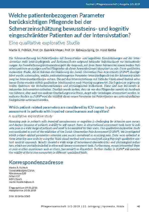 [doc_201742] Welche patientenbezogenen Parameter berücksichtigen Pflegende bei der Schmerzeinschätzung bewusstseinsund kognitiv eingeschränkter Patienten auf der Intensivstation? Eine qualitative explorative Studie