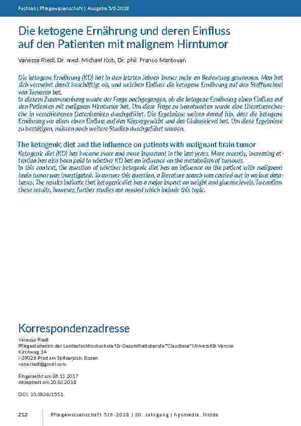 Die ketogene Ernährung und deren Einfluss auf den Patienten mit malignem Hirntumor