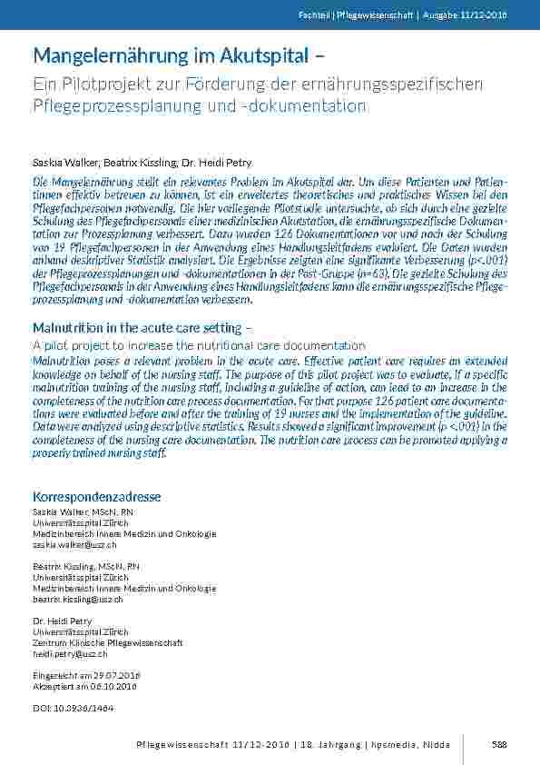 [doc_201556] Mangelernährung im Akutspital – Ein Pilotprojekt zur Förderung der ernährungsspezifischen Pflegeprozessplanung und -dokumentation