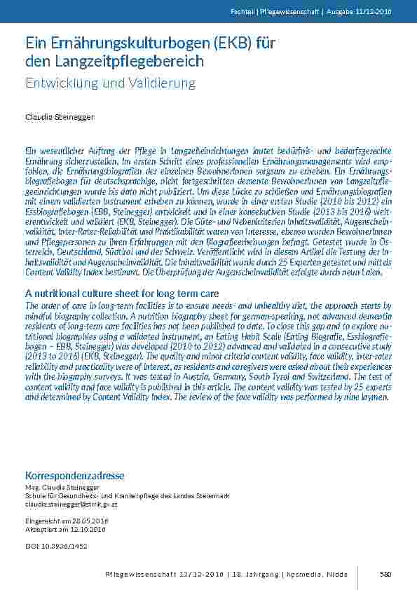 [doc_201555] Ein Ernährungskulturbogen (EKB) für den Langzeitpflegebereich. Entwicklung und Validierung