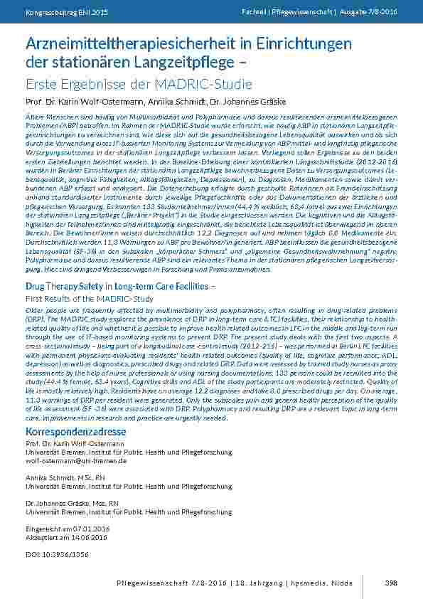 Arzneimitteltherapiesicherheit in Einrichtungen der stationären Langzeitpflege – Erste Ergebnisse der MADRIC-Studie