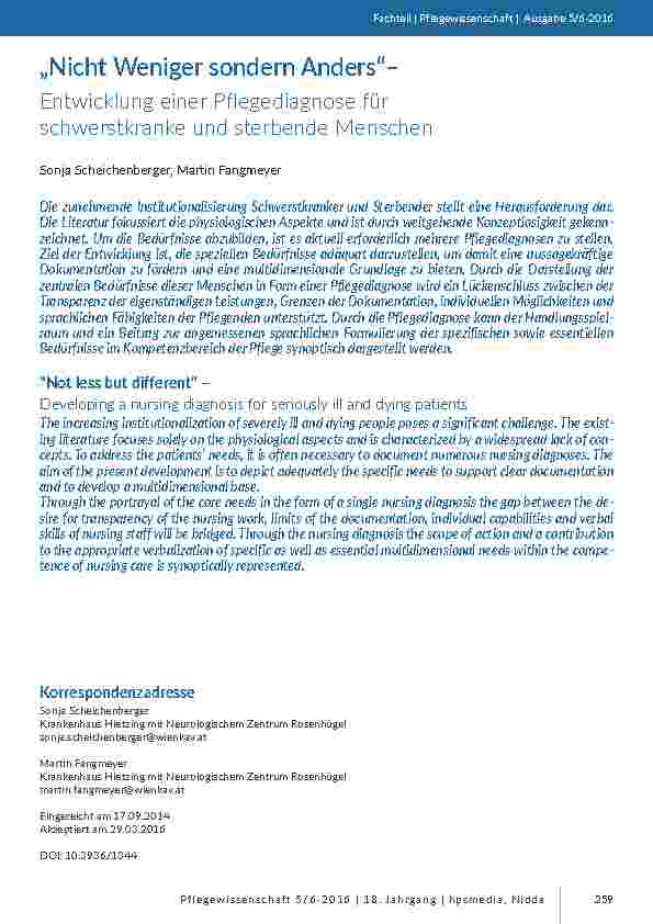 „Nicht Weniger sondern Anders“ – Entwicklung einer Pflegediagnose für schwerstkranke und sterbende Menschen