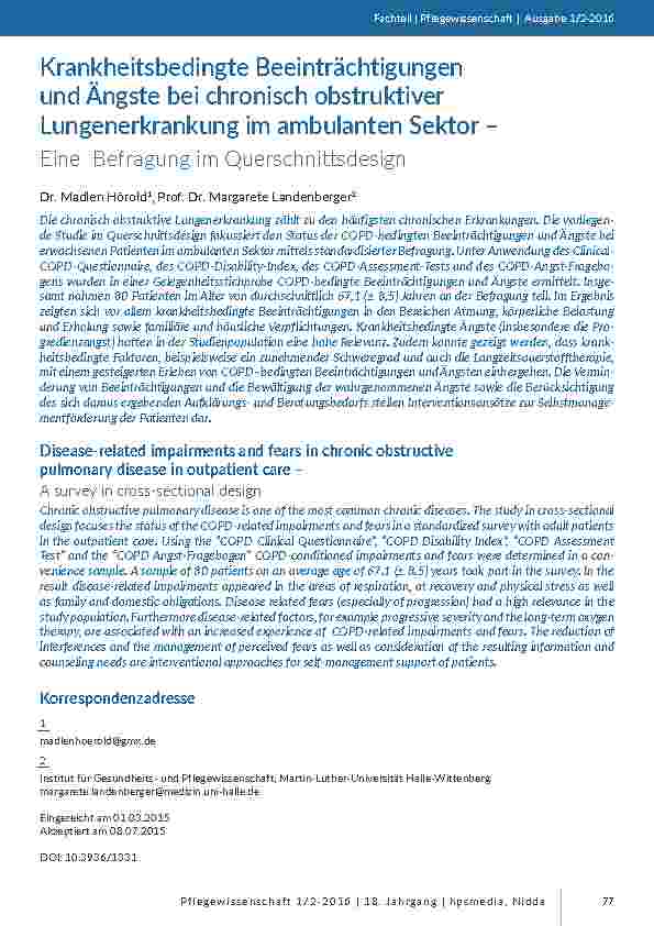 [doc_201473] Krankheitsbedingte Beeinträchtigungen und Ängste bei chronisch obstruktiver Lungenerkrankung im ambulanten Sektor – Eine Befragung im Querschnittsdesign
