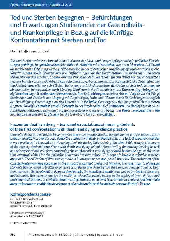 [doc_201448] Tod und Sterben begegnen – Befürchtungen und Erwartungen Studierender der Gesundheitsund Krankenpflege in Bezug auf die künftige Konfrontation mit Sterben und Tod