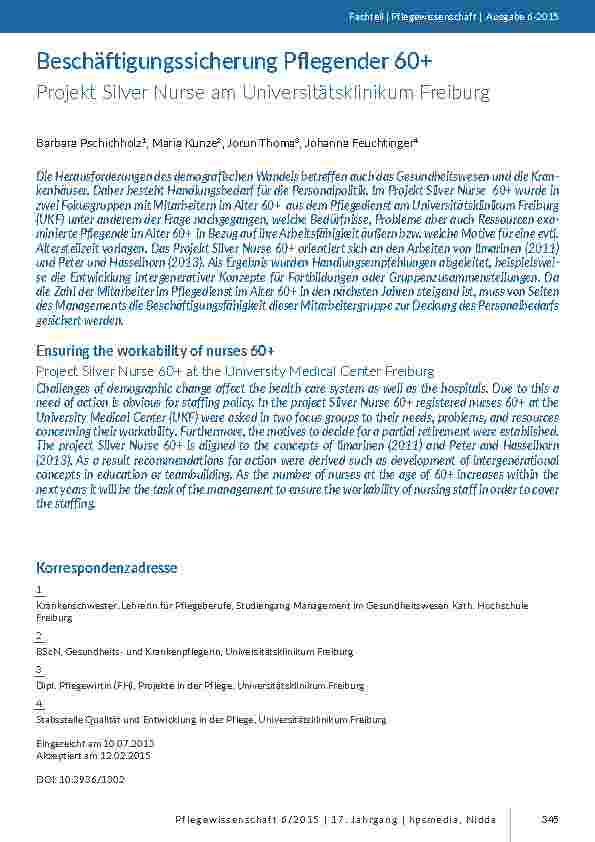 [doc_201408] Beschäftigungssicherung Pflegender 60+. Projekt Silver Nurse am Universitätsklinikum Freiburg