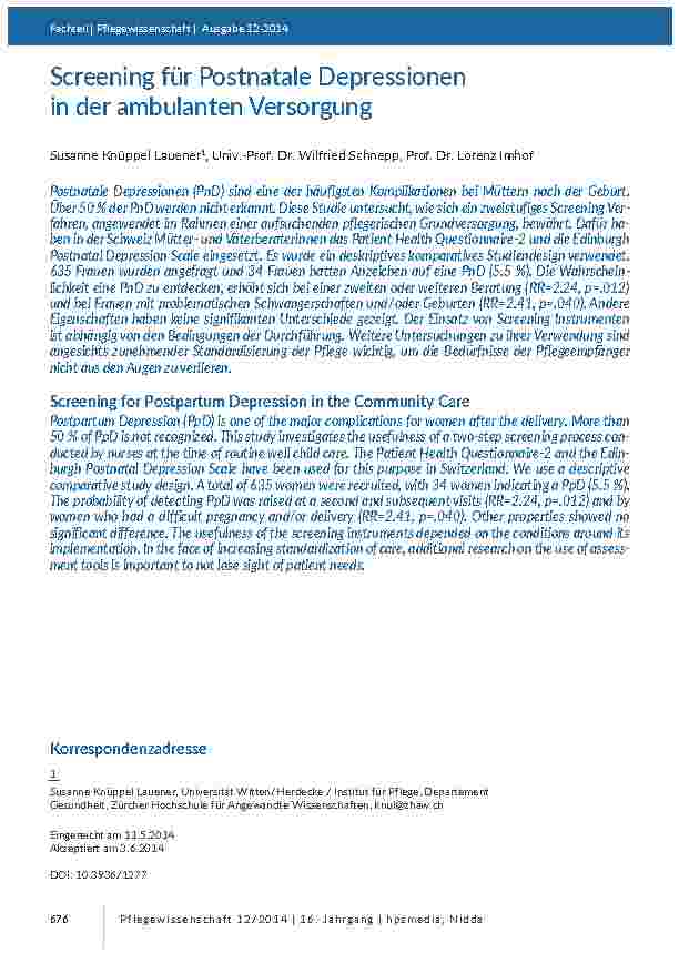 Screening für Postnatale Depressionen in der ambulanten Versorgung