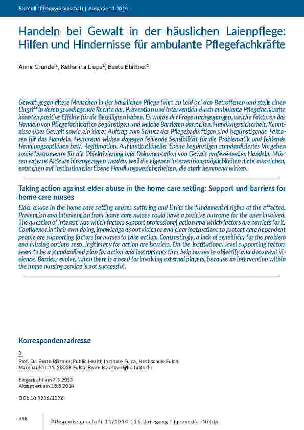 [doc_201376] Handeln bei Gewalt in der häuslichen Laienpflege: Hilfen und Hindernisse für ambulante Pflegefachkräfte