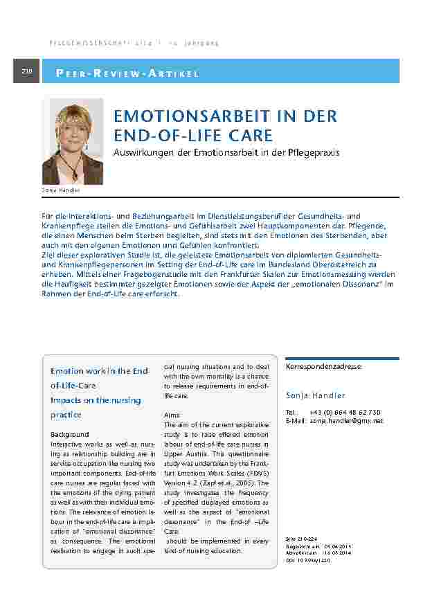 EMOTIONSARBEIT IN DER END-OF-LIFE CARE. Auswirkungen der Emotionsarbeit in der Pflegepraxis
