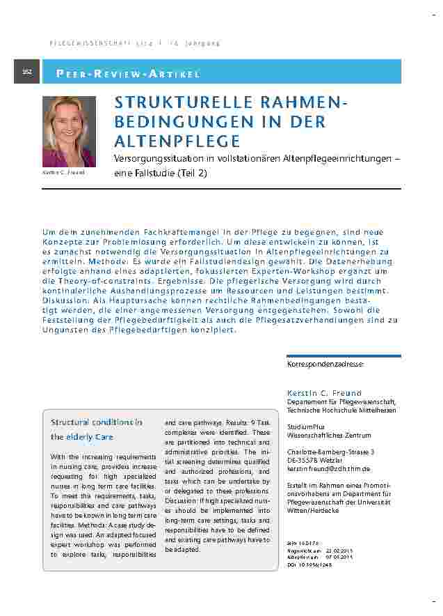 Strukturelle Rahmenbedingungen in der Altenpflege Versorgungssituation in vollstationären Altenpflegeeinrichtungen – eine Fallstudie (Teil 2)